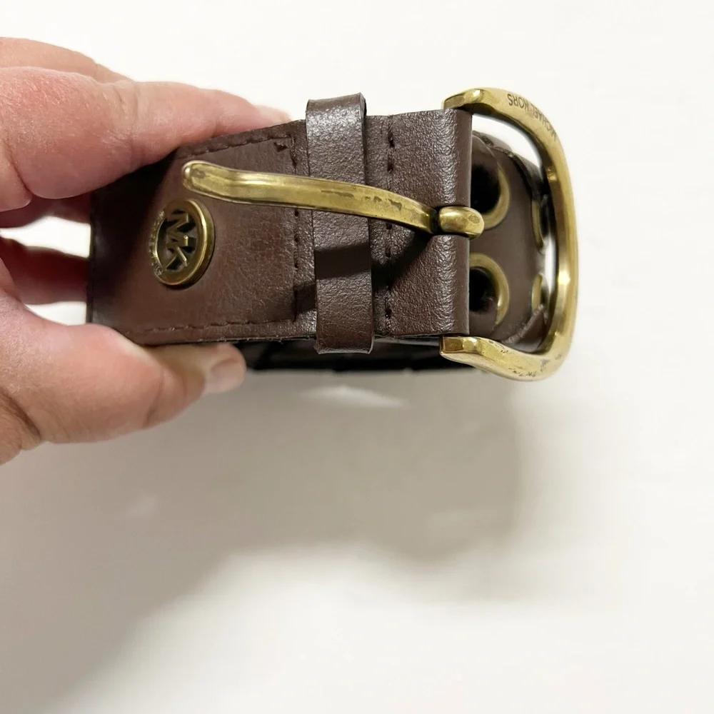 Michael Kors Womens Vintage Dark Brown Wrapped Gold Grommet Leather Belt Size M